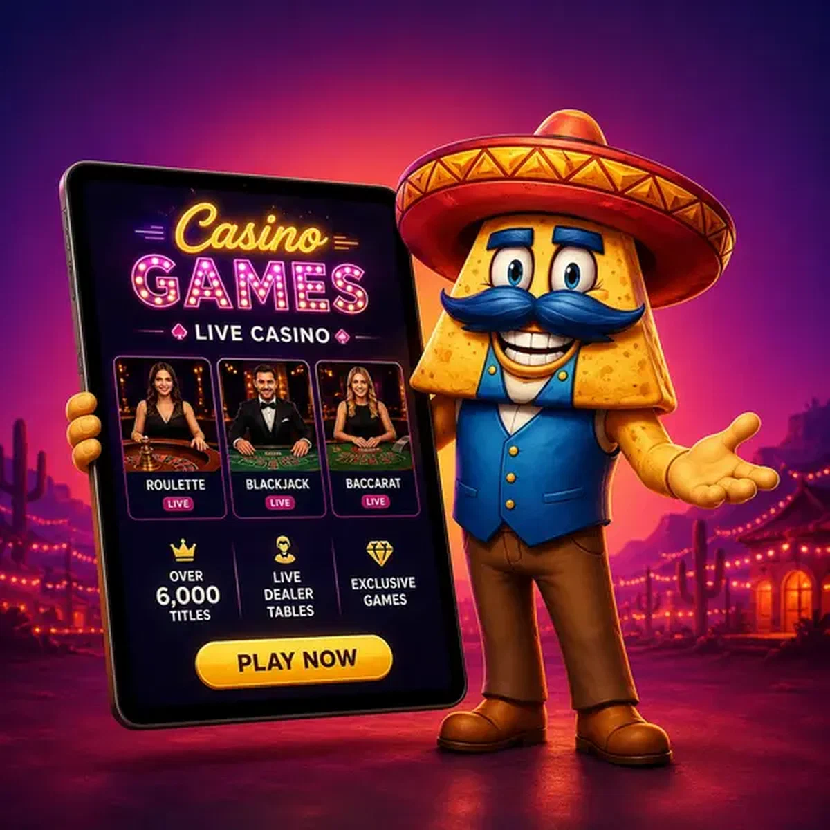 Personaje nacho entusiasta tirando de la palanca de una tragaperras en la sala de juegos de Casinacho Casino