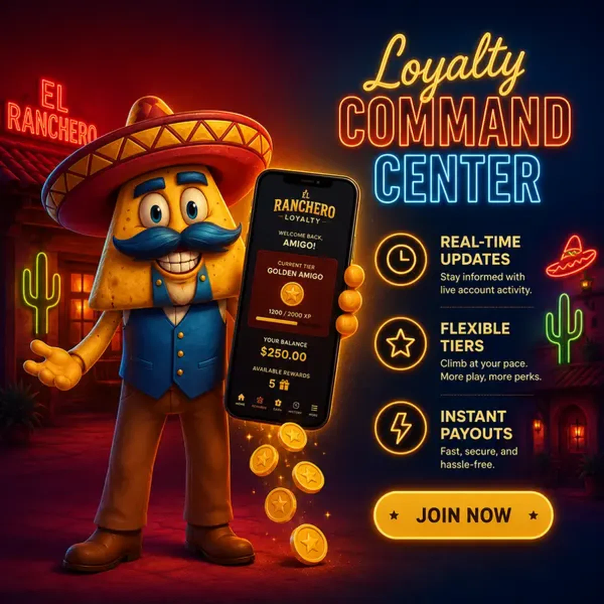 El Ranchero mostrando la app móvil de Casinacho con recompensas de lealtad brillando en pantalla