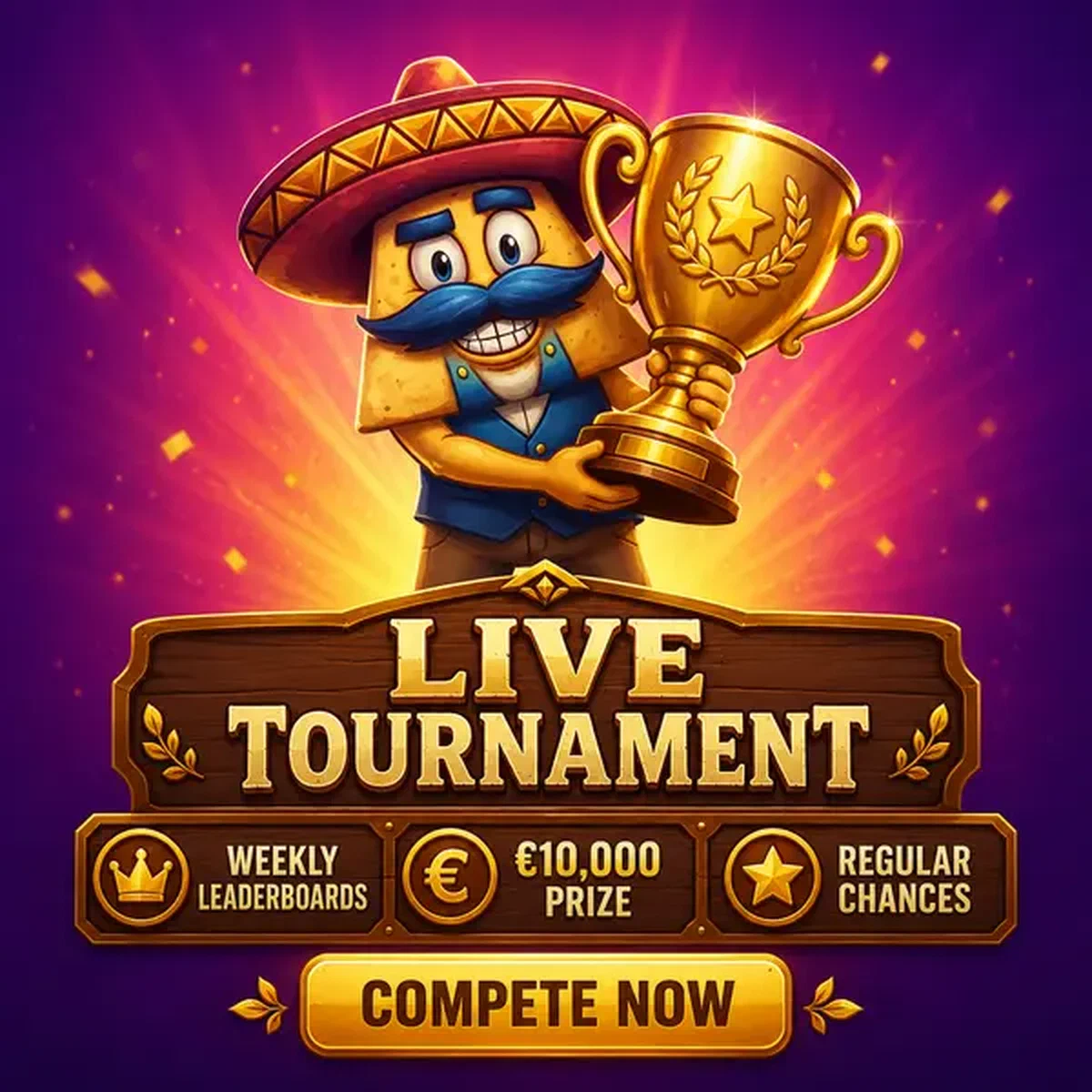 La mascota El Ranchero celebrando victoria en torneo de casino en vivo con trofeo dorado