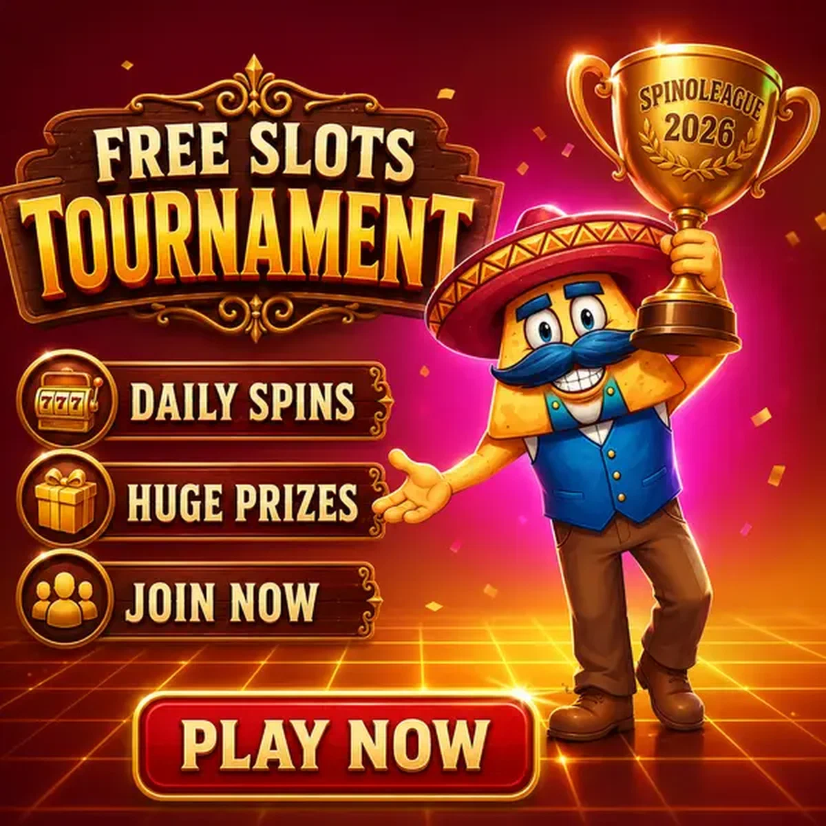 El Ranchero organizando torneo de tragaperras gratis en Tournament-Eligible Casinacho Free Slots con trofeo dorado