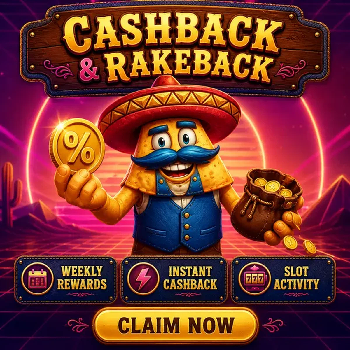 El Ranchero presentando recompensas de cashback mientras el jugador inicia sesión en Casinacho Casino