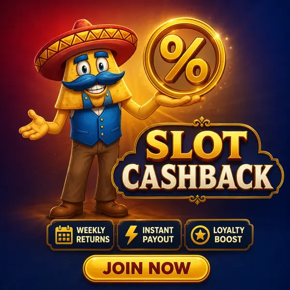 Personaje nacho El Ranchero presentando emblema de porcentaje dorado para recompensas de cashback de tragaperras de Casinacho