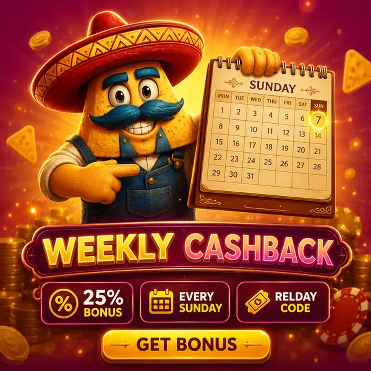 Chip nacho El Ranchero presentando calendario de bono de cashback semanal en el portal de Ritmo de Cashback Semanal