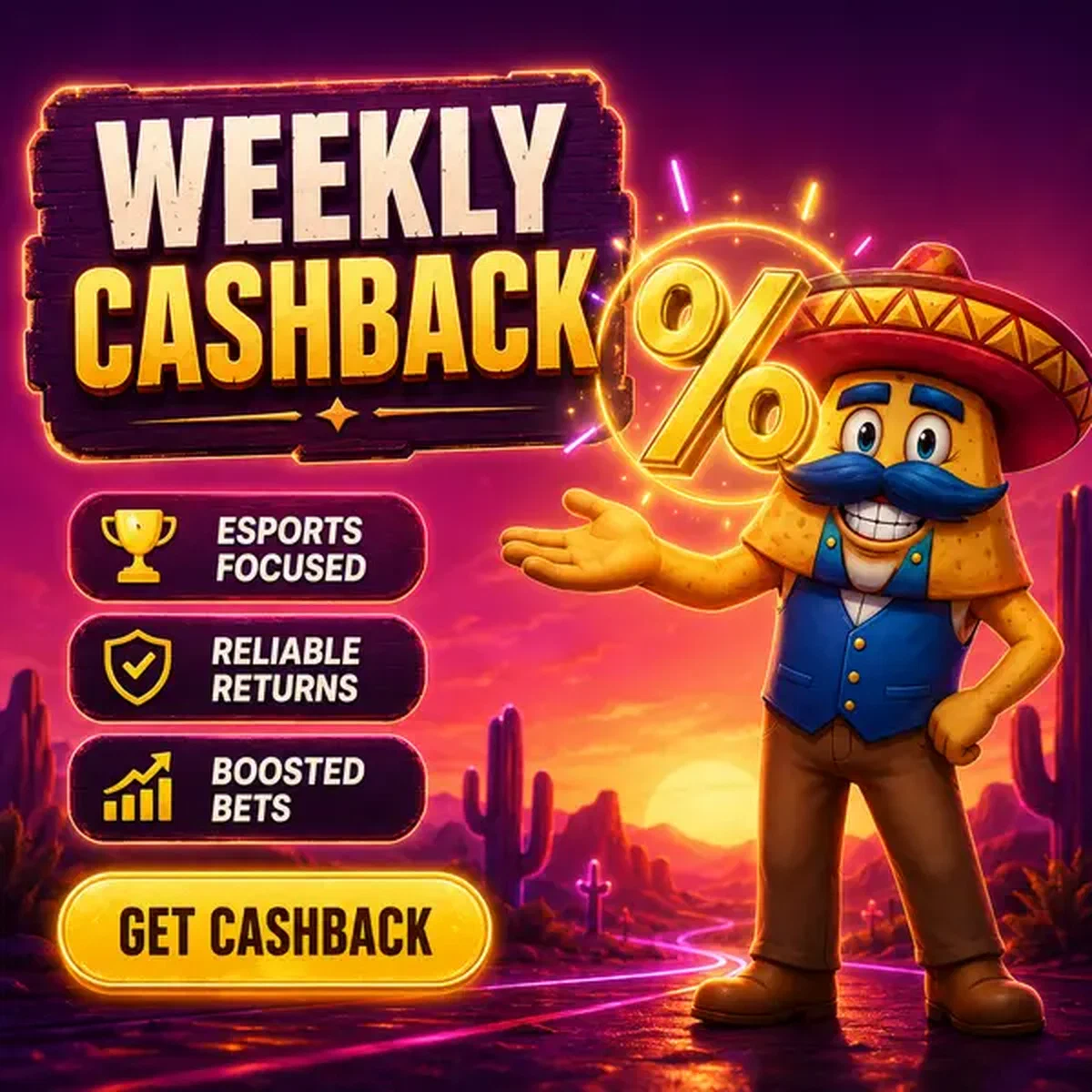 El Ranchero presenta emblema de porcentaje dorado para recompensas de apuestas de esports de Cashback Semanal de Esports