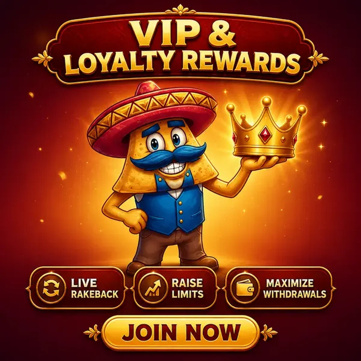 El Ranchero nacho chip presentando corona VIP dorada en la entrada del programa de lealtad de Casinacho
